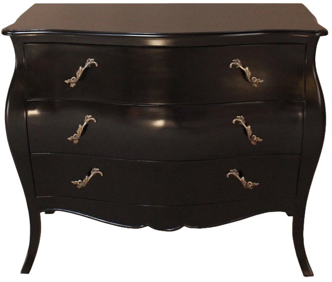 french chest of drawers, 3 drawer bombe chest, moulin noir black chest