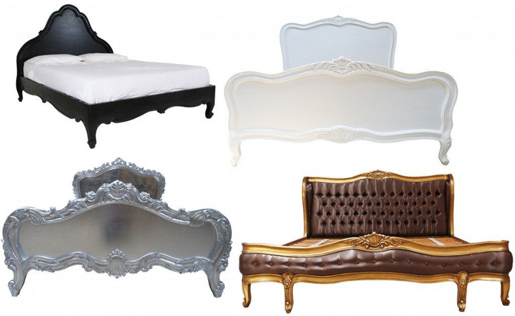 french white chateau bed, moulin noir black bed, silver leaf carved bed, gold leaf upholstered bed