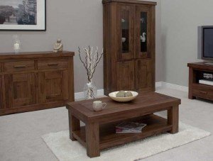 Walnut coffee table, display cabinet and sideboard