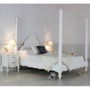 French Chateau White carved Four Poster Bed