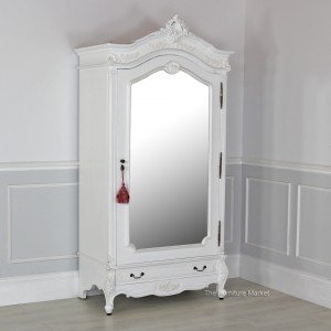 French Chateau White painted one door mirrored armoire