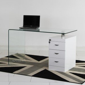 Geo-Glass clear desk with white gloss three drawer unit