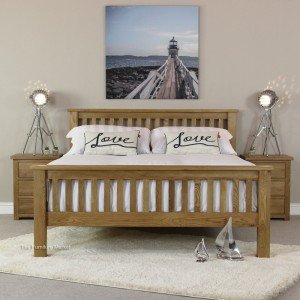 New England oak double bed - high foot board - front view