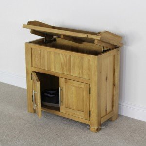 London oak storage bench with shoe storage - open