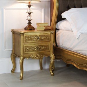 French gold leaf two drawer carved bedside