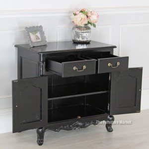 French noir black painted small sideboard - open