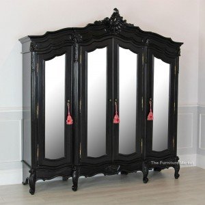 French Noir Black Painted 4 Door Mirrored Armoire