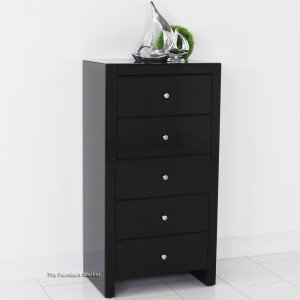 Black Mirrored Glass 5 Drawer Tallboy