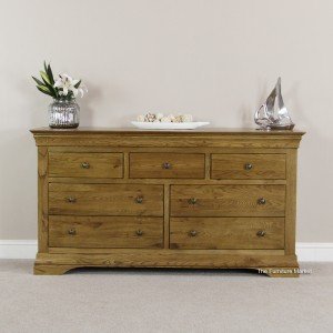 French Louis Oak Wide 7 Drawer Chest - Front