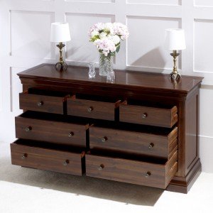 French Hardwood with Mahogany Stain Wide 7 Drawer Multi Chest - Open