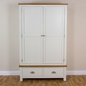 Cotswold Cream Painted 2 Door 2 Drawer Double Wardrobe with Oak Top - Front