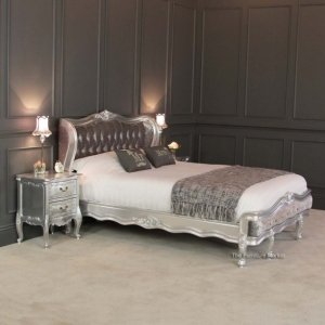 French Silver Leaf Velvet Upholstered Bed and Silver Leaf Bedside