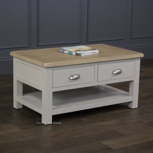 Grey Stone Painted 2 Drawer Coffee Table with Oak Top 