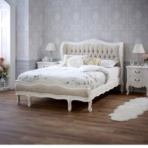 French Chateau White Double 4ft 6in Button Upholstered Linen Bed