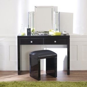 Mirrored Black Glass Dressing Table Set with Tri-folding Mirror