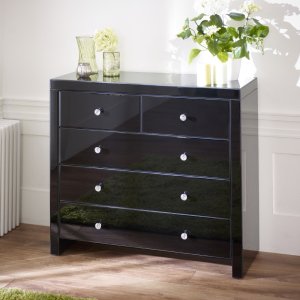 Mirrored Black Glass 2 Over 3 Drawer Chest