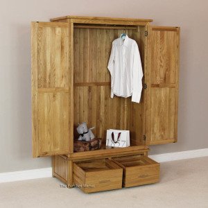 London Solid Oak Double Gents Wardrobe with 2 Drawers - Open