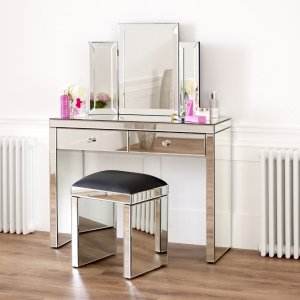 Venetian Mirrored Dressing Table Set with Black Stool