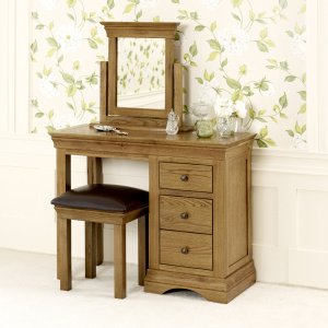 French Louis Oak Dressing Table Set with Mirror and Stool