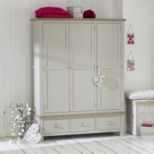 Grey Stone Painted 3 Door 3 Drawer Triple Wardrobe with Oak Top