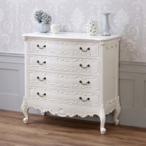 French Chateau White Painted Carved 4 Drawer Chest 