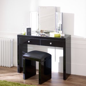 Mirrored Black Glass Dressing Table Set