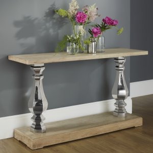 Luxury Oak and Stainless Steel Large Twin Pillar Console Hall Table