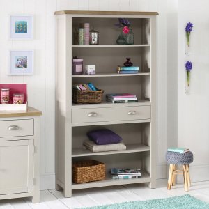 Grey Stone Painted Large Wide Bookcase with Oak Top