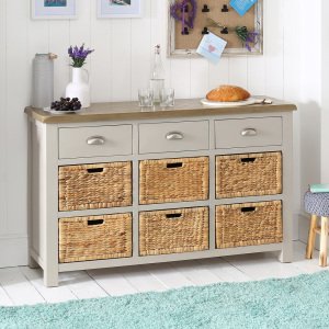 Grey Stone Painted Large Basket Sideboard with Oak Top