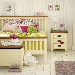 Country Cream Painted Rustic Oak Double Bed, Bedside and Blanket Box