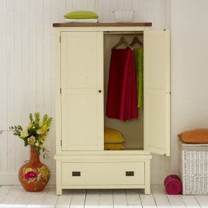 Cream Painted Rustic 2 Door Wardrobe with Drawer and Oak Top - Half Open