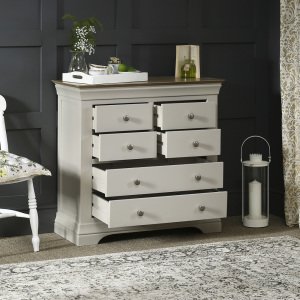 French Country Grey Painted 4 over 2 Drawer Chest - Open