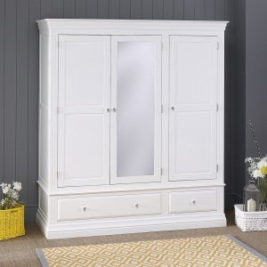 Georgian White Painted 3 Door 2 drawer Triple Wardrobe with Mirror