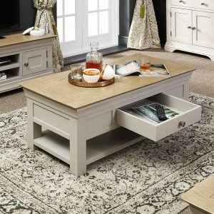 French Country Grey Painted Oak Coffee Table with Drawer and Shelf - Open