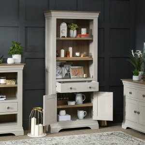 French Country Grey Painted Oak 6ft Bookcase with Cupboard - Open