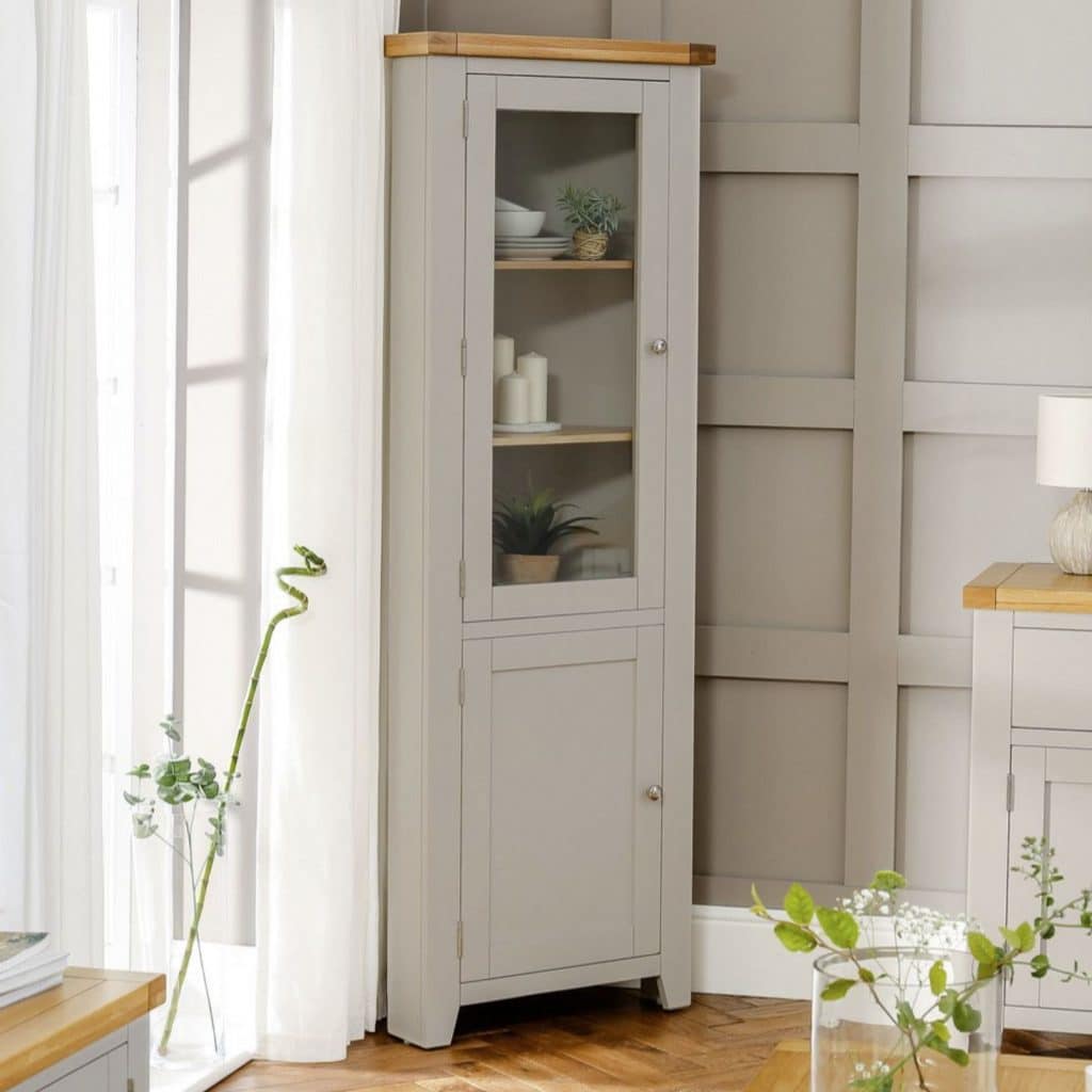 Downton grey painted tall glazed corner cabinet