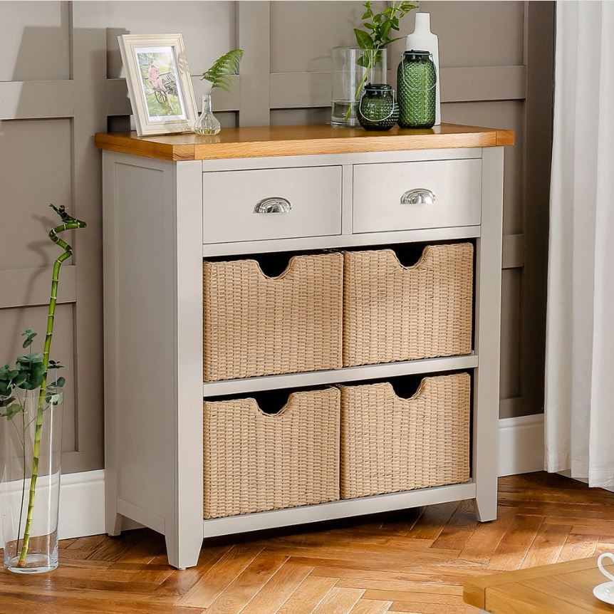 Versatile Storage for Any Room: Downton Grey Painted 2 Drawer Hall Table with 4 Storage Baskets