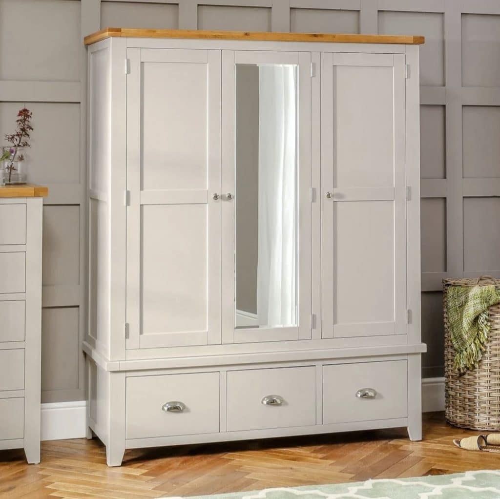 Downton Grey Painted Triple 3 Door Mirrored Wardrobe with 3 Drawers