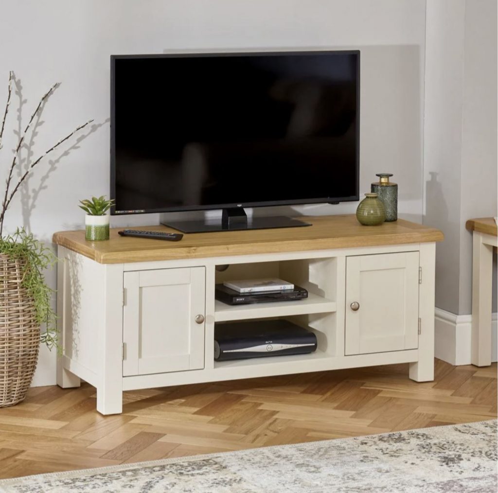 Cotswold cream painted large widescreen tv unit with oak top