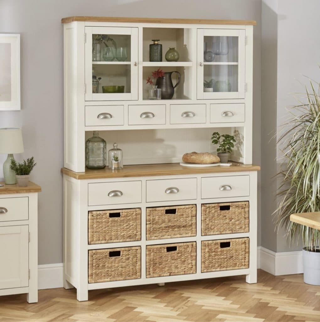 Cotswold cream painted oak large glazed dresser with baskets