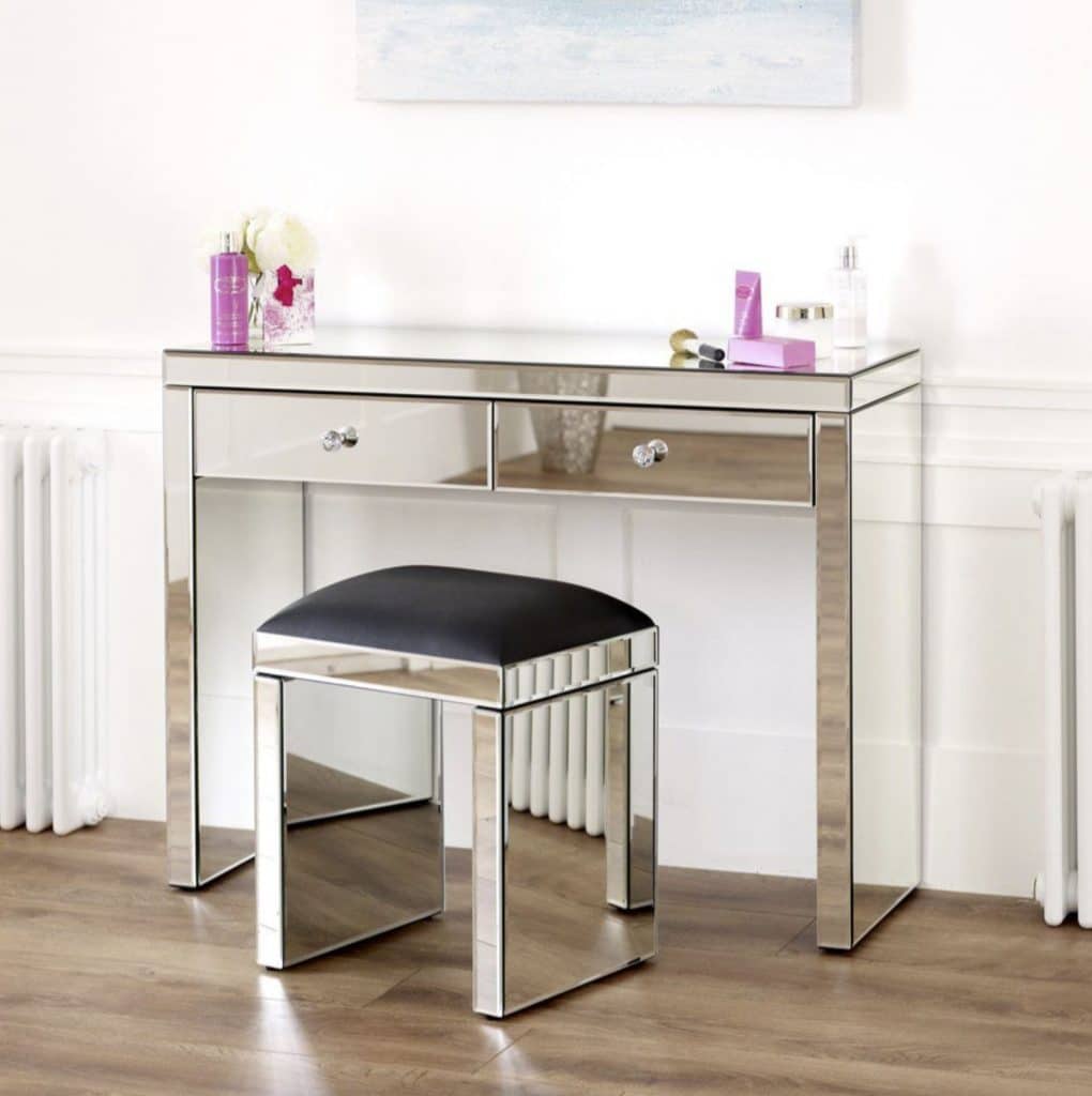 Venetian mirrored dressing table with black stool