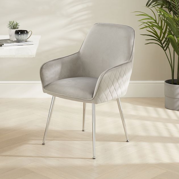 Savoy Grey Velvet Carver Dining Chair With Chrome Legs 