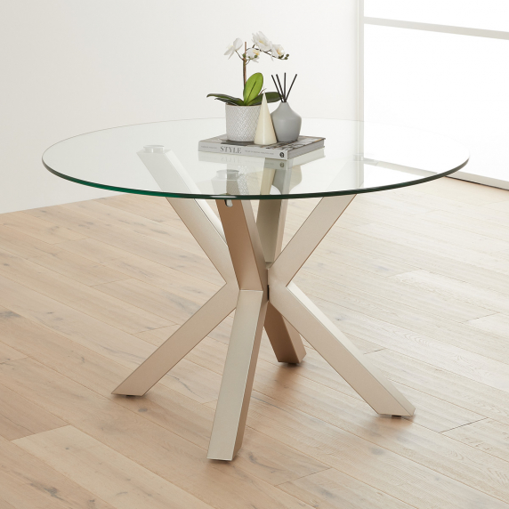 Starburst 120cm Round Glass Dining Table with Satin Legs – 4 Seater