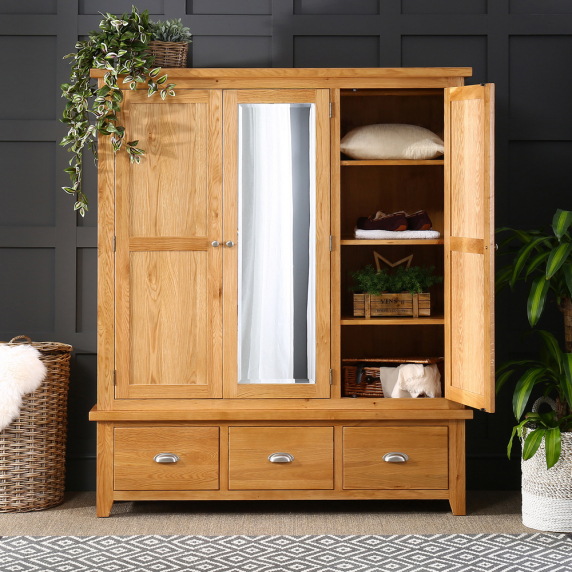 Cheshire Oak Triple 3 Door Mirrored Wardrobe with 3 Drawers