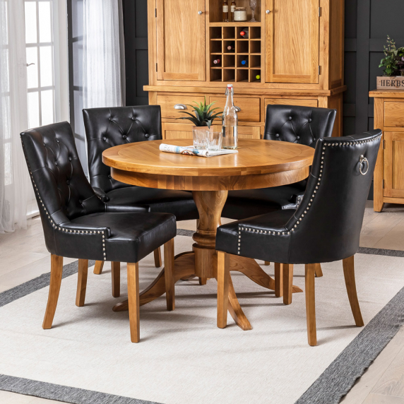 Solid Oak Round Dining Table and 4 Black Faux Leather Scoop Chairs