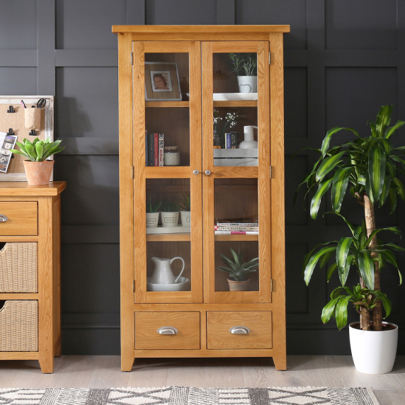 Cheshire Oak Glazed 2 Door 2 Drawer Tall Display Cabinet Unit