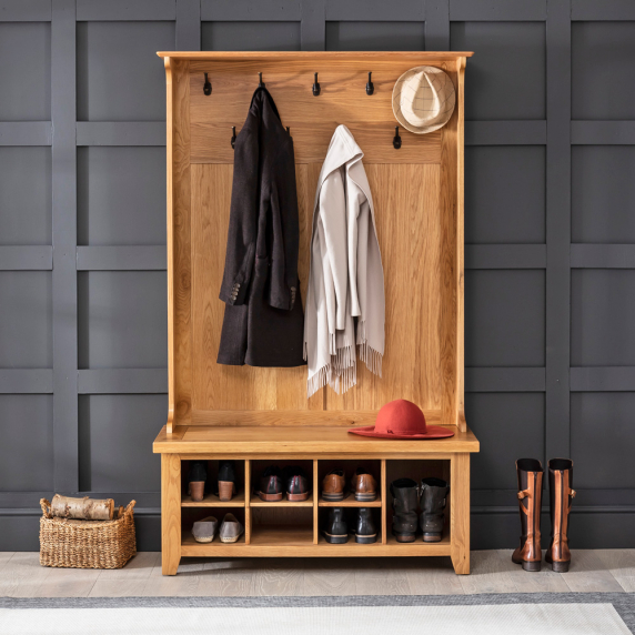 Cheshire Oak Hallway Tidy Shoe Storage Bench with Coat Rack