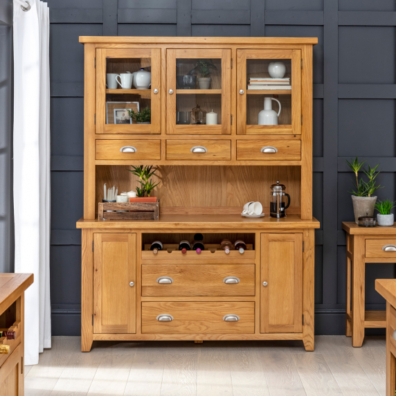 Cheshire Oak Large Glazed Dresser with Wine Rack