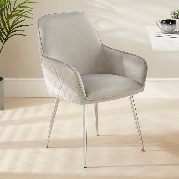 Savoy Grey Velvet Carver Dining Chair with Chrome Legs