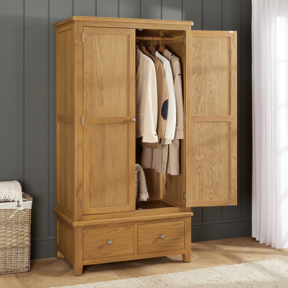 Cotswold Rustic Smoked Oak Double 2 Door Wardrobe with 2 Drawers